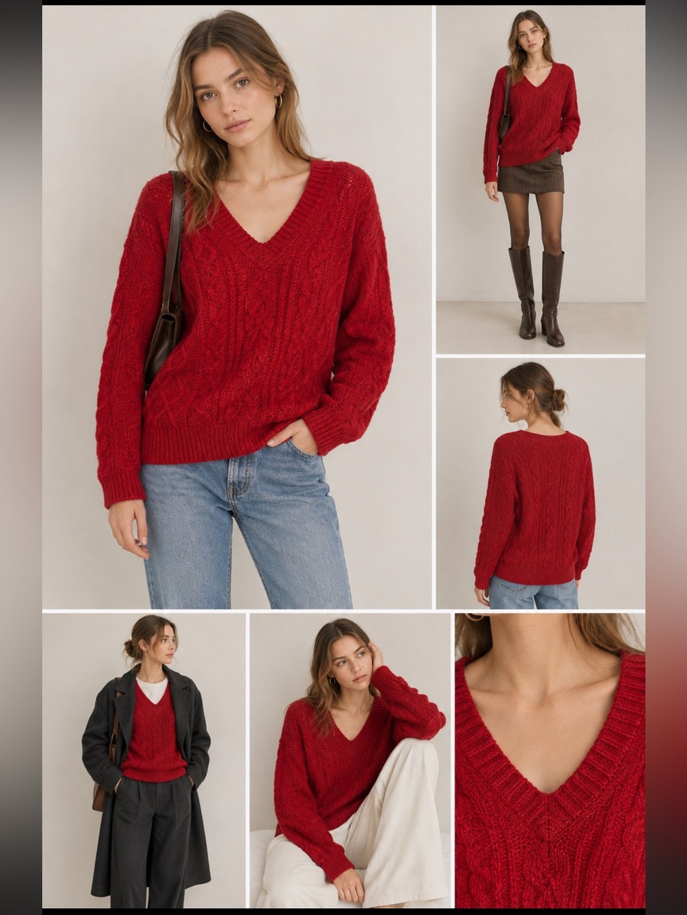 Vince Merino Wool Red Cable Knit V-Neck Sweater